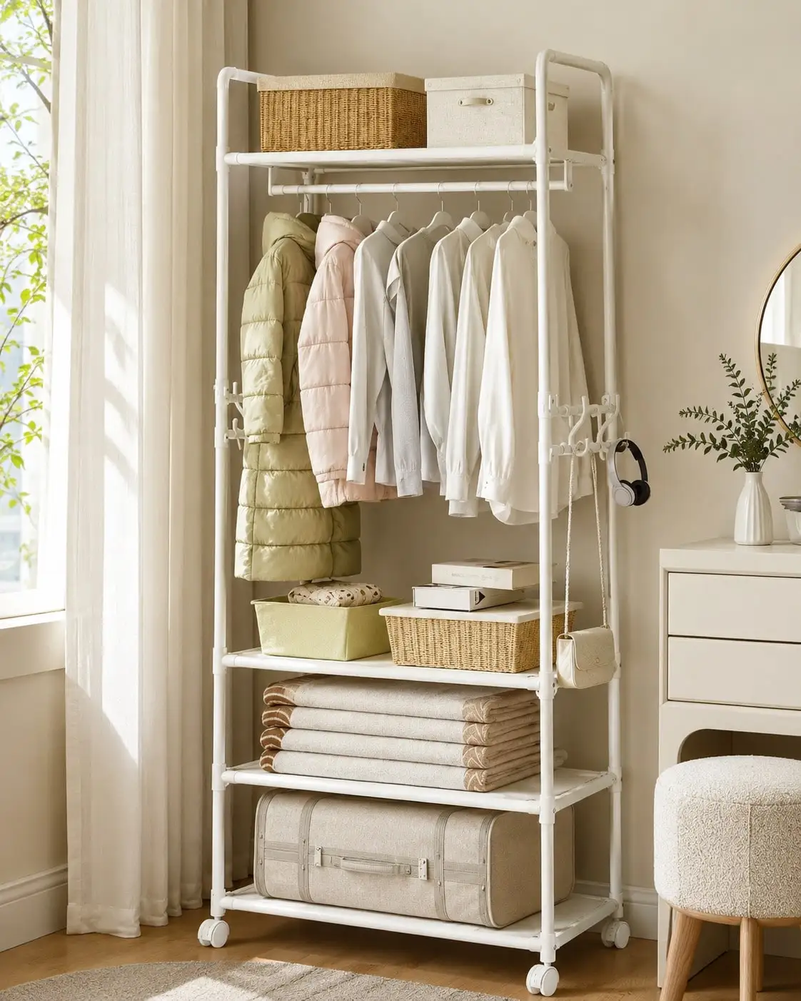 Rolling Clothes Rack With Wheels White 3 Tier Garment Rack With Shelves Hanging Rod Side Hooks Metal Portable Clothes Stand Shoe Rack Organizer For Bedroom Entryway Laundry Room Gift view 4