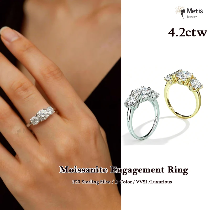4.4cttw D Color VVS1 Moissanite Luxury Three Stone Engagement Ring 925 Silver Rings 18K Gold Plated Customs Jewelry Wholesale