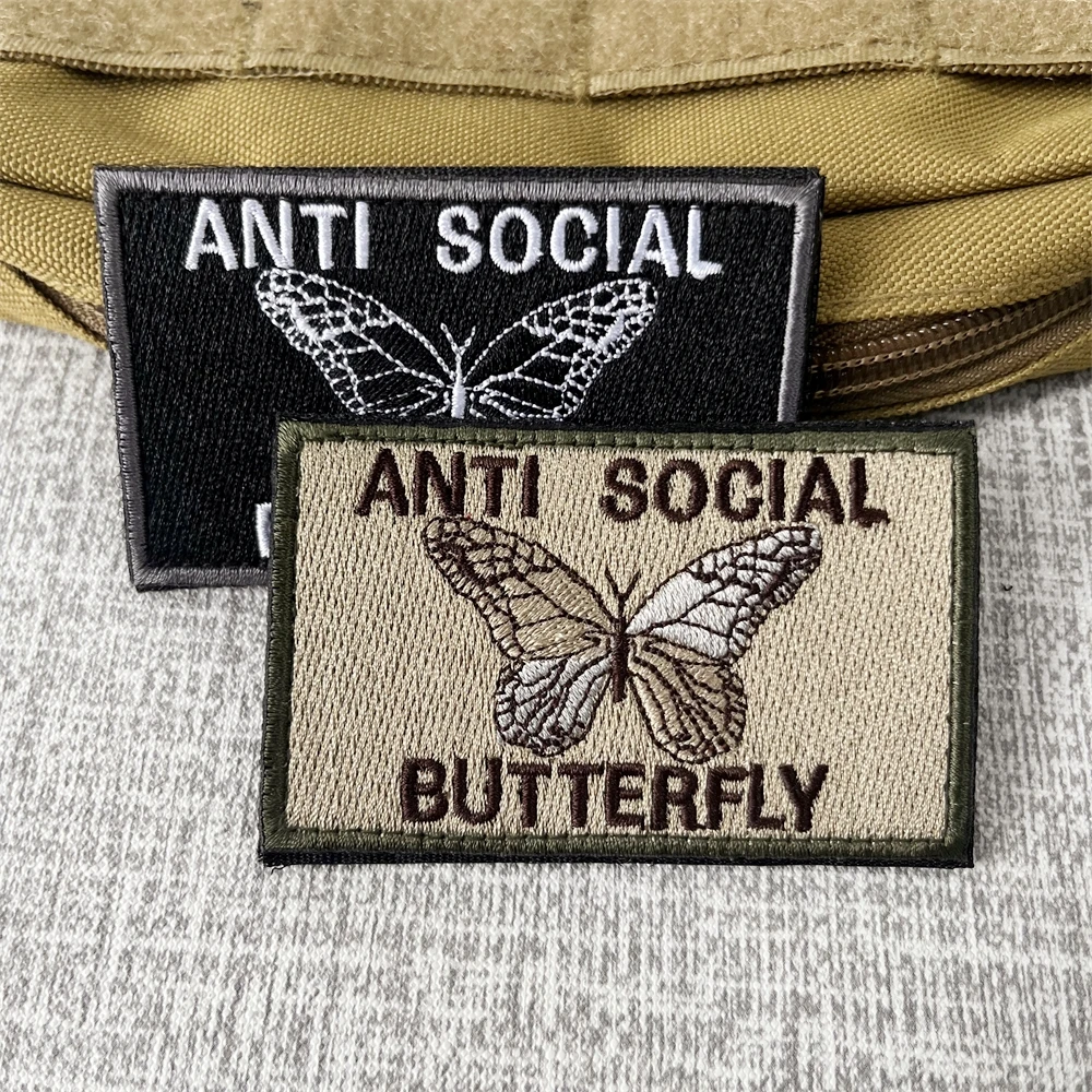 ANTI-SOCIAL Butterfly Multitan Morale Badge Patches Embroidery Armband Tactical Backpack Hook and Loop Sticker