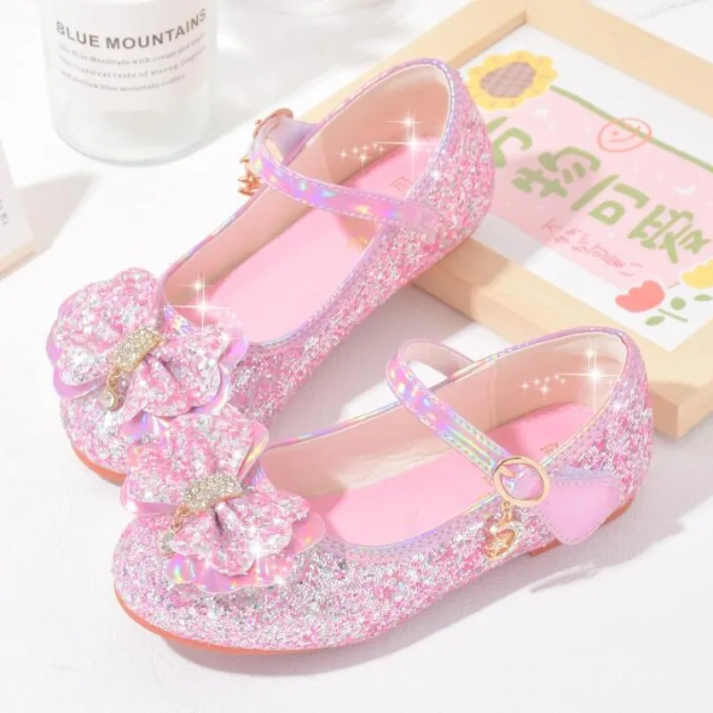 New Kids Leather Shoes Girls Wedding Shoes Children Princess Sandals Sequins Bow Girls Casual Dance Flat Shoes Size 24-38