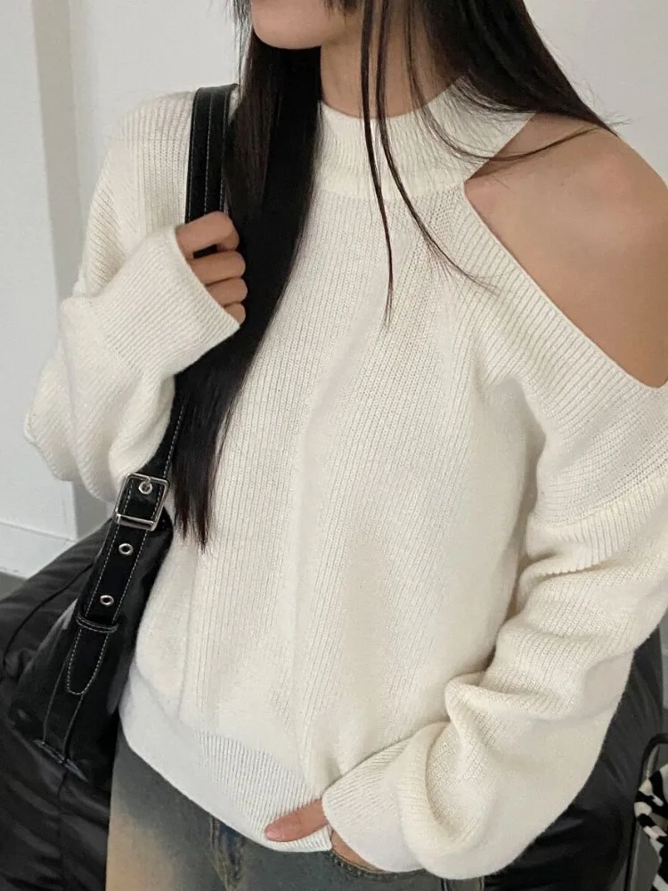 

Chic Autumn Winter Vintage Simple f High Collar Hollow out oulder Loose Casual Versatile Long Sve Knitted Sweater for...