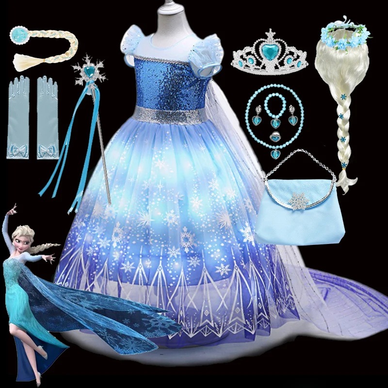 

LED Light Up Disney Elsa Role Playing Dress Kids Halloween Frozen Carnival Apparel Girls Birthday Elsa Princess Glowing Vestidos