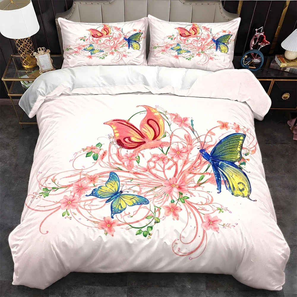 3Pc Butterfly Floral Print Quilt Cover Set, Three-Piece Bedding Set (1*Quilt Cover + 2*Pillowcases), Suitable for All Seasons, Machine Washable, Invisible Zipper Design, Large Double Bed Cover Set, Suitable for Home, Dormitory, Master Bedroom, Guest Room, Fresh Watercolor Style Bedding Set, Soft and Skin-Friendly Bedding Set, Beautiful Butterfly Floral Bedding Set, 2D Flat Print