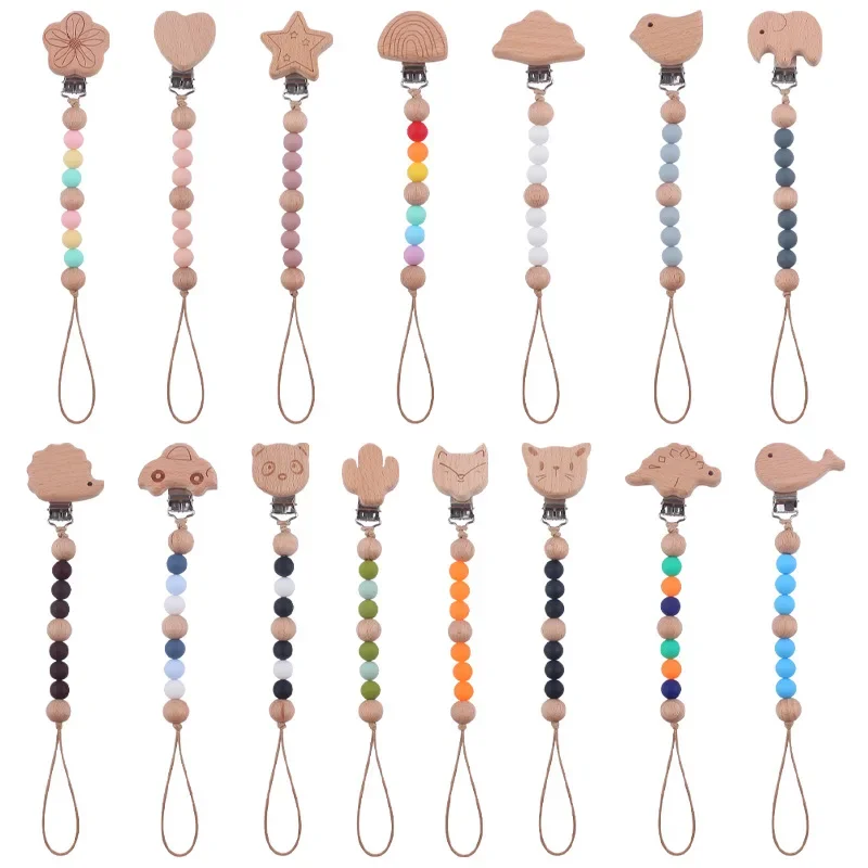 Kissteether الطفل هوة سلسلة خشبية الحيوان شكل الحلمة حامل قصاصة سيليكون الخرز الطفل عضاضة الرعاية اللعب مهدئا الدمية كليب