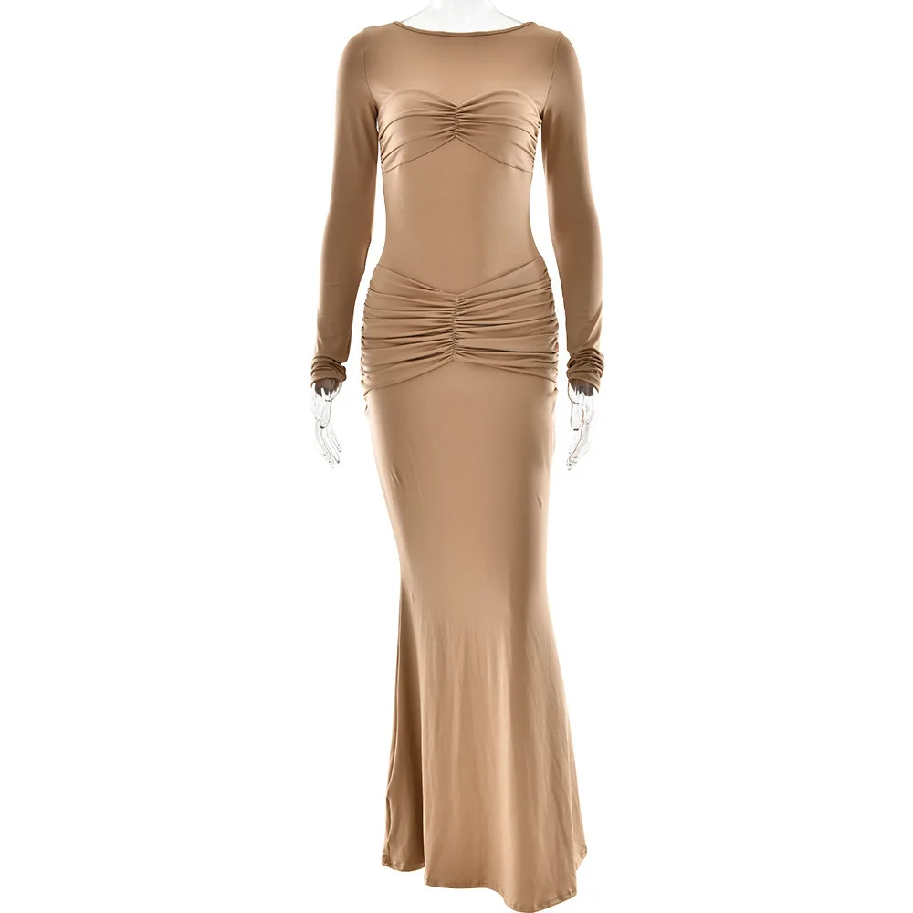 Nowa, modna sukienka bodycon z marszczeniami, seksowna, w jednolitym kolorze, z okrągłym dekoltem, długim rękawem i dopasowanym krojem.