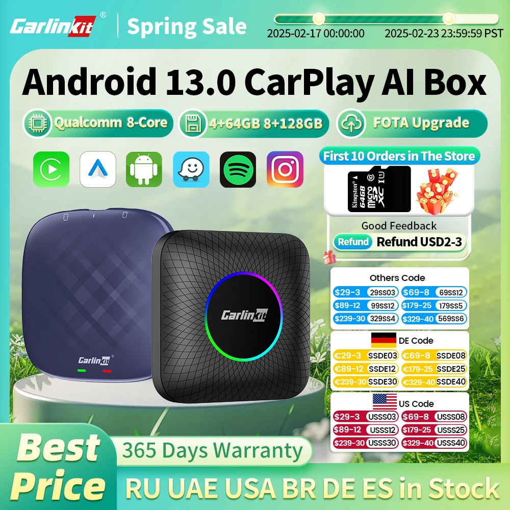 CarlinKit CarPlay Ai Box Android 13 Plus QCM6125 8 çekirdekli Kablosuz Android Auto ve CarPlay Araba USB Adaptörü OEM Kablolu CarPlay için FOTA Yükseltmesi veya Netflix IPTV için Android Auto Car