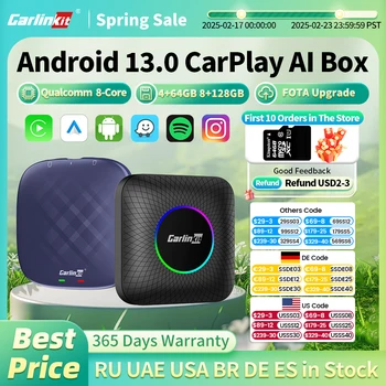 CarlinKit CarPlay Ai Box Android 13 Plus QCM6125 8-rdzeniowy bezprzewodowy adapter samochodowy Android Auto i CarPlay Aktualizacja FOTA dla OEM Przewodowa funkcja CarPlay lub Android Auto Car dla Netflix IPTV