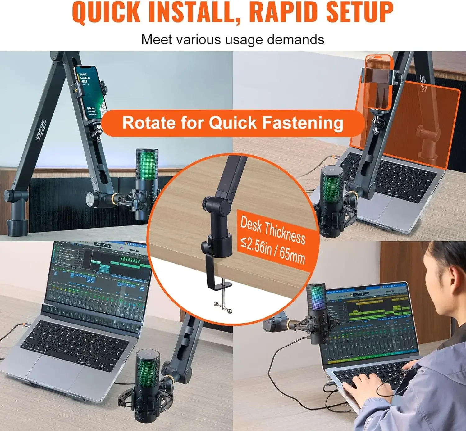 Microphone Boom Arm with Desk Mount, 360° Rotatable, Adjustable Mic Stand with 3/8" to 5/8" Adapter Port