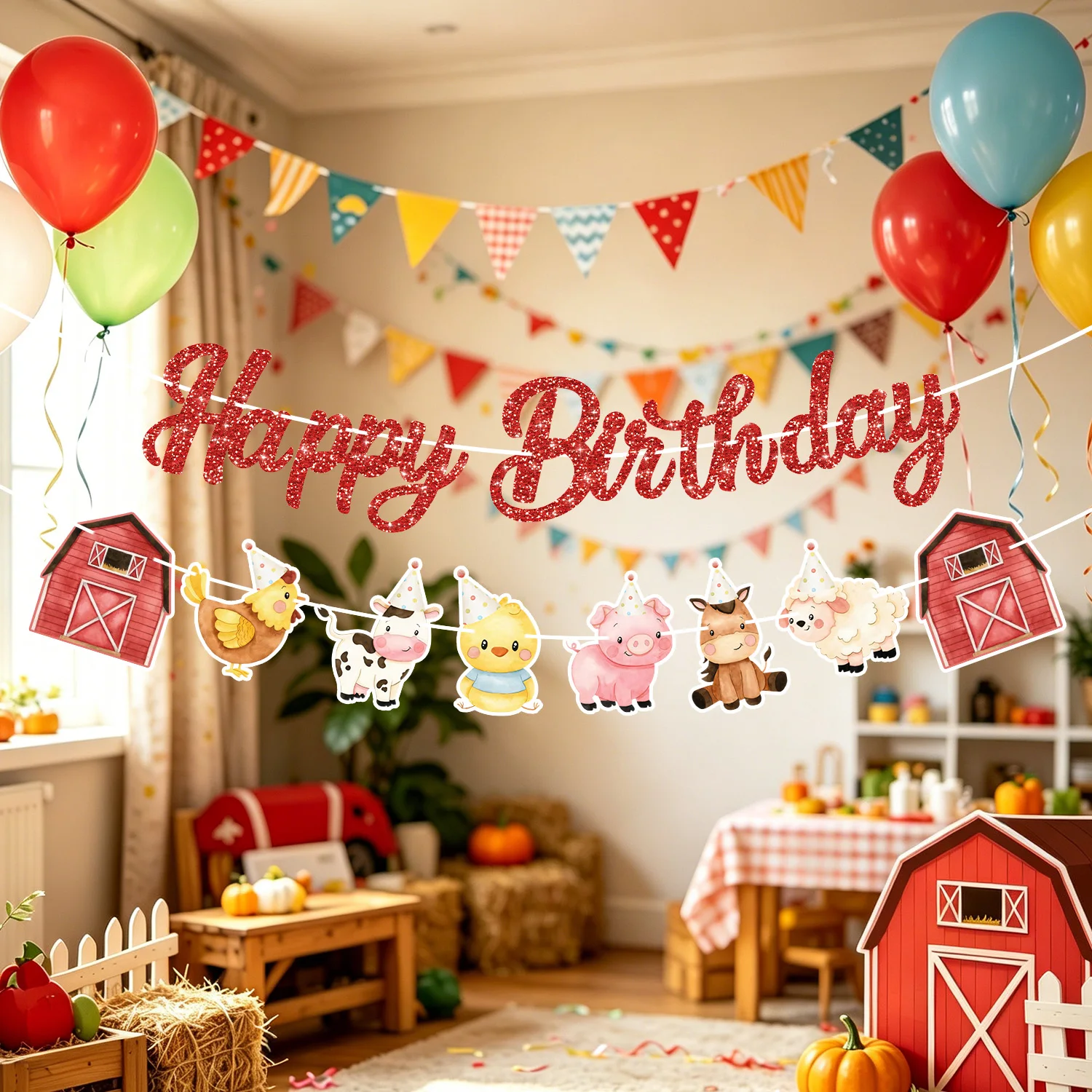 Red Farm Animals Theme Happy Birthday Lettering Banner Pull Flag Children's Day Baby Shower Decoration Barn Windmill Animal
