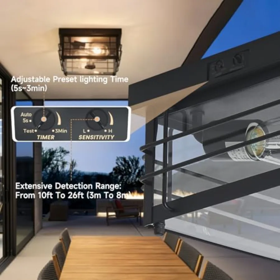Outdoor Ceiling Light with Motion Sensor Flush Mount Farm House Porch Light Ceiling Mount Adjustable 3 Modes Squares for Patio, view 4