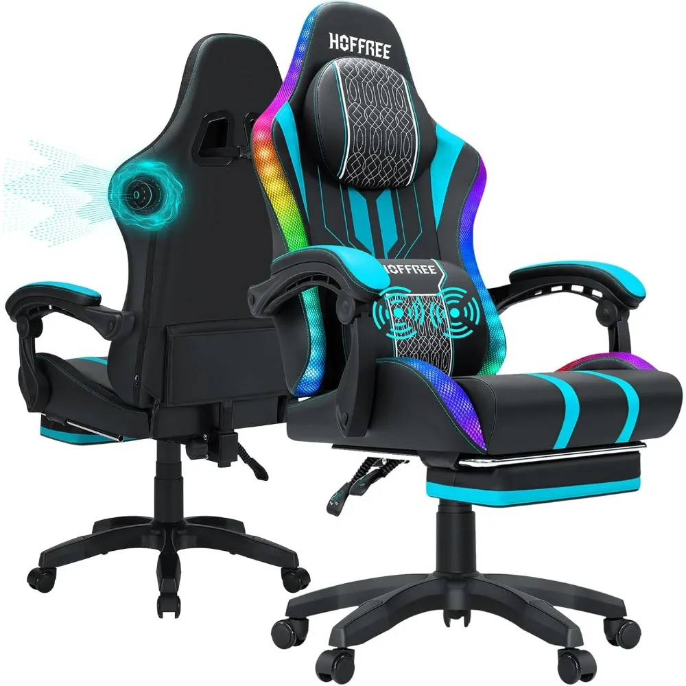

Led Gaming Chair with Speakers and Massage Video Game Chair Big and Tall for 400lbs with Footrest Reclining High Back Co
