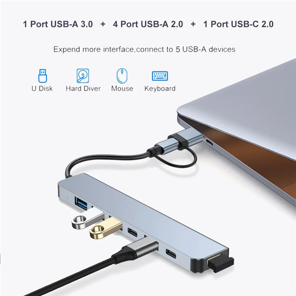 MZX 7 8 in 1 USB Hub Type A C Concentrator 3.0 2.0 Multi Adapter Multi-hub Dock Splitter Laptop PC Computer Extensor Accessories