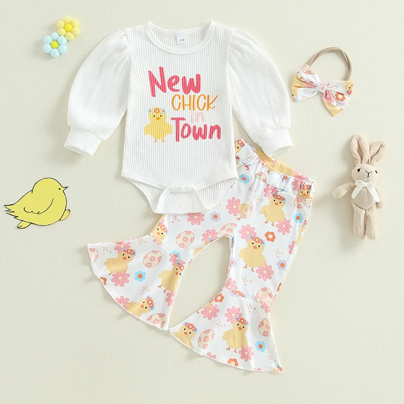 Newborn Baby Girl Easter Outfit Ruffle Sleeve Love Easter Eggs Romper Bell Bottom Pant Set Spring Headband Clothes