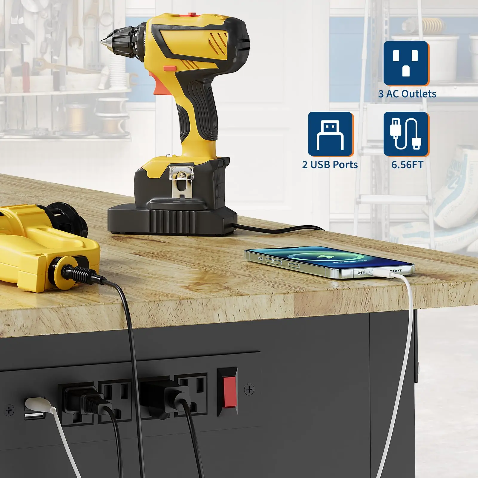 48/60" Adjustable Work Bench for Garage Workstation with Hooks/Power Outlets/Wheels,2000 Lbs Rubber Worktable for Workshop Garag