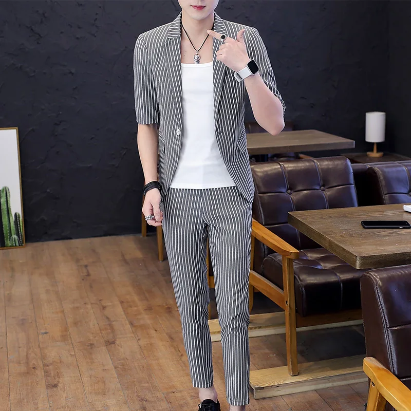 

2023New high-end men's mid-sleeve suit (Blazer + western pants) trend handsome boutique summer half sleeve Blazer two-piece set