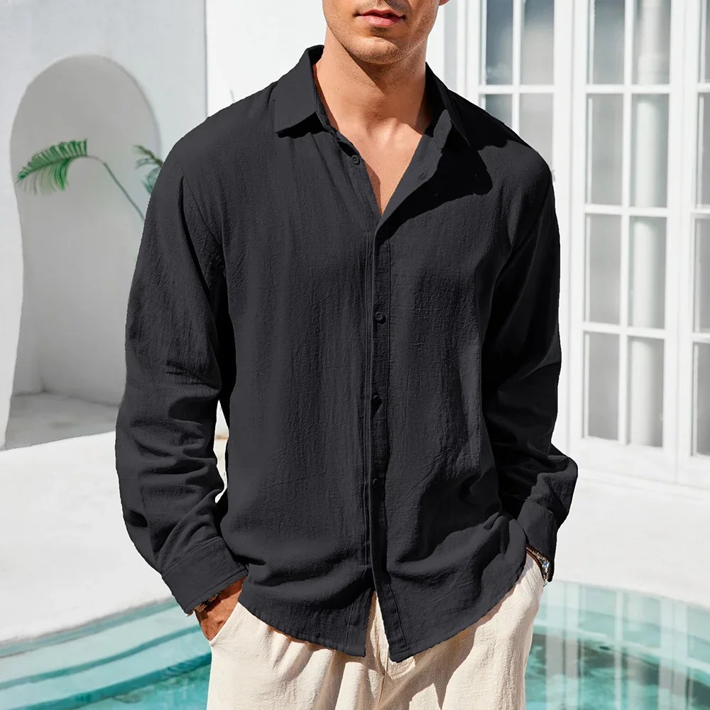 Kemeja Kasual Pria Katun Linen Warna Solid Bernapas Ringan Hawaii Lengan Panjang Kerah Lapel Atasan Nyaman Pakaian Pria