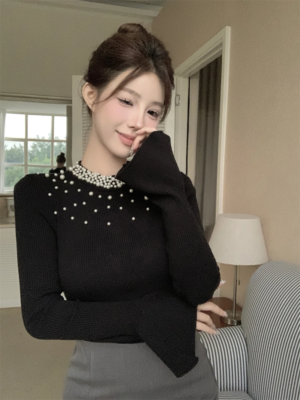 KUSAHIKI Fashion Beads Black Flare Sleeve Knitted Bottoming Pullover Women Autumn Winter Elegant Slim Sweater Base Knitwear Tops