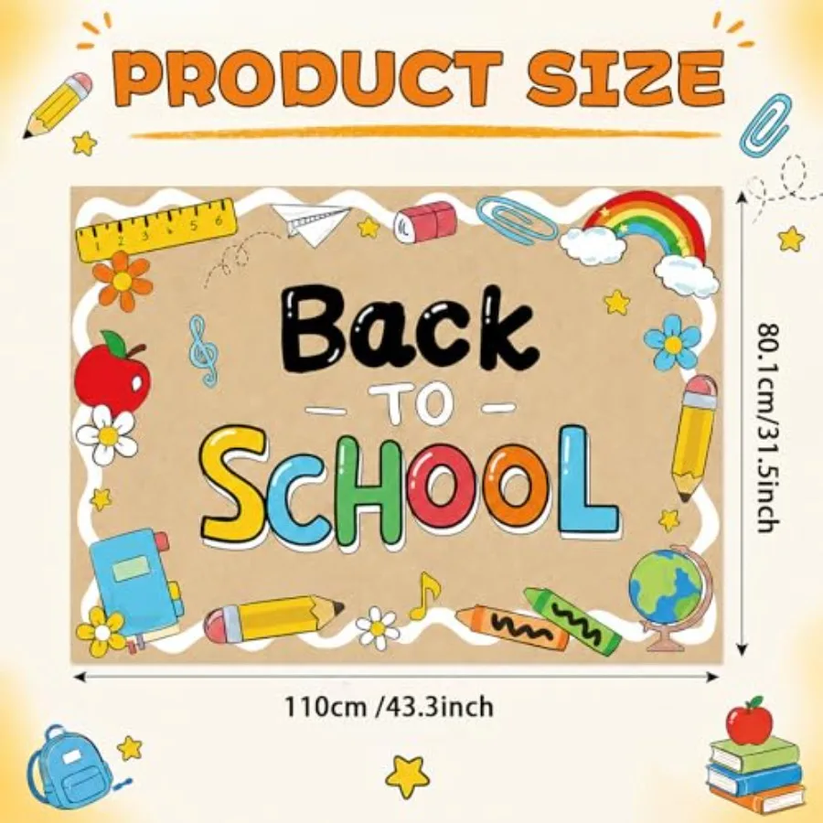 Colorful Back to School Kraft Paper Backdrop Banner 43 x 31.5 Inch Pencil Apple Crayon Print Brown Paper Banner First Day of Sc