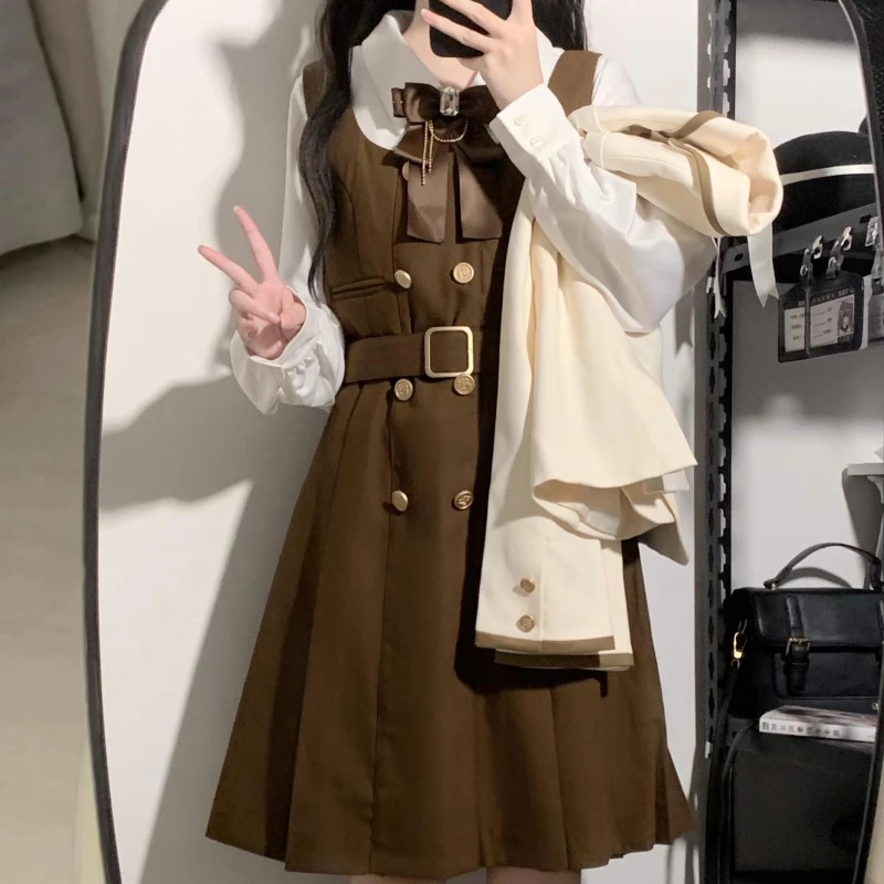 2024 New Japanese College Style Brown Vest Skirt With Long Sleeves White Shirt Top Dark Bow Fashion and Versatile Suit For Girls