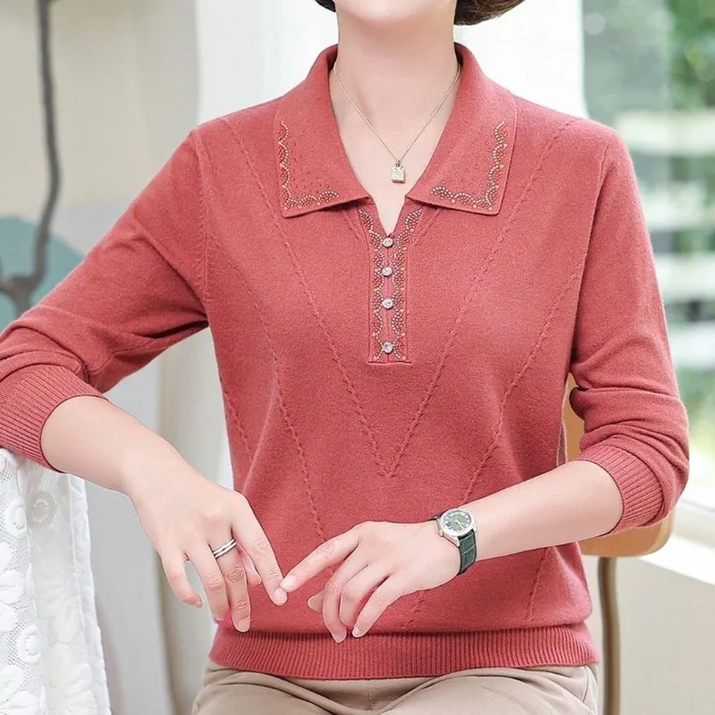 Autumn Winter Women's Pullover Turn-down Collar Solid Rhinestone Embroidered Flower Lantern Long Sleeve Sweater Knitted Tops