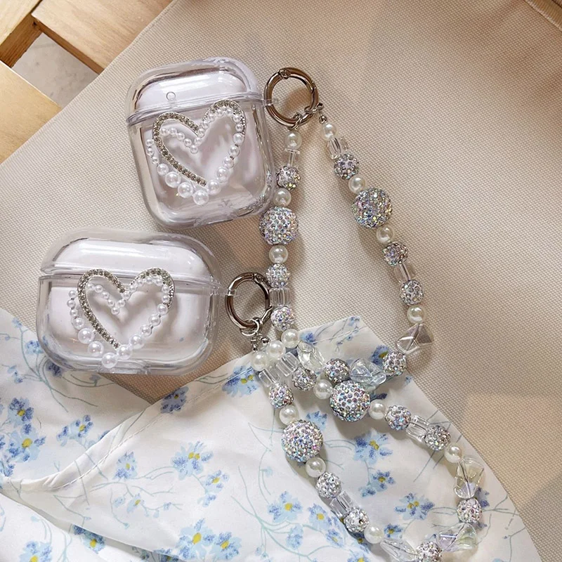 Funda rígida para Airpods 1/2/3, cubierta de auriculares de arena movediza líquida para Apple AirPods Pro 2, caja con cadena de perlas de diamante de lujo
