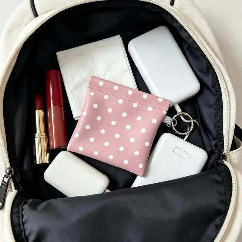 PU Leather Spring-loaded Polka Dot Coin Purse With Key Ring Compact Design For Storing Coins Cards Keys Daily Use