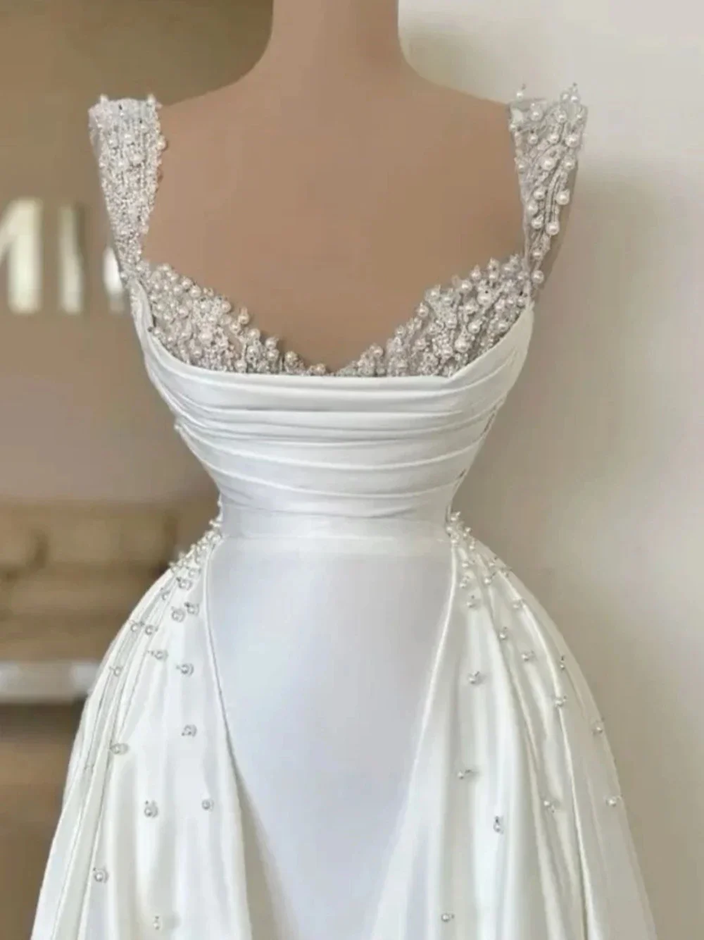 Customized Sheer Neck Shinny Pearls Rhinestones   Wedding Dress Robe De Mariée Satin Pleats Bridal Gowns with Removable Skirt