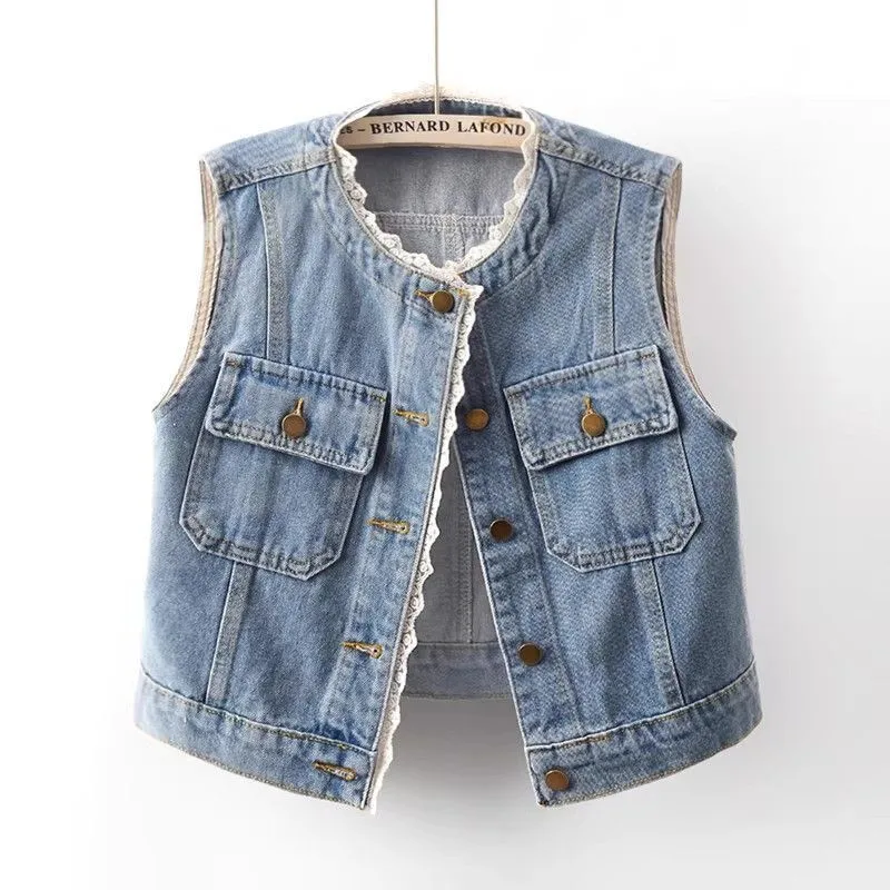 Women's Cowboy Vest Coat Summer Design Sense Lace Round Neck Female Blue Denim Waistcoat Elegant Sleeveless Ladies Horse Clip