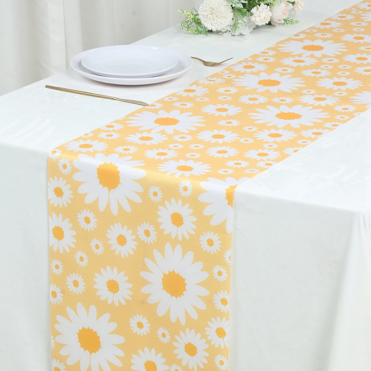 Pink Yellow Daisies Watercolor Table Runner Wedding Decoration Cloth Dining Decor Coffee Table Runners Washable Dining Long Clot