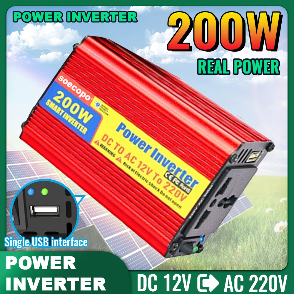 Car Inverter 200W 220V with Alligator Clips Cigarette Lighter USB Portable Battery High Voltage Warning for Car Use Solar