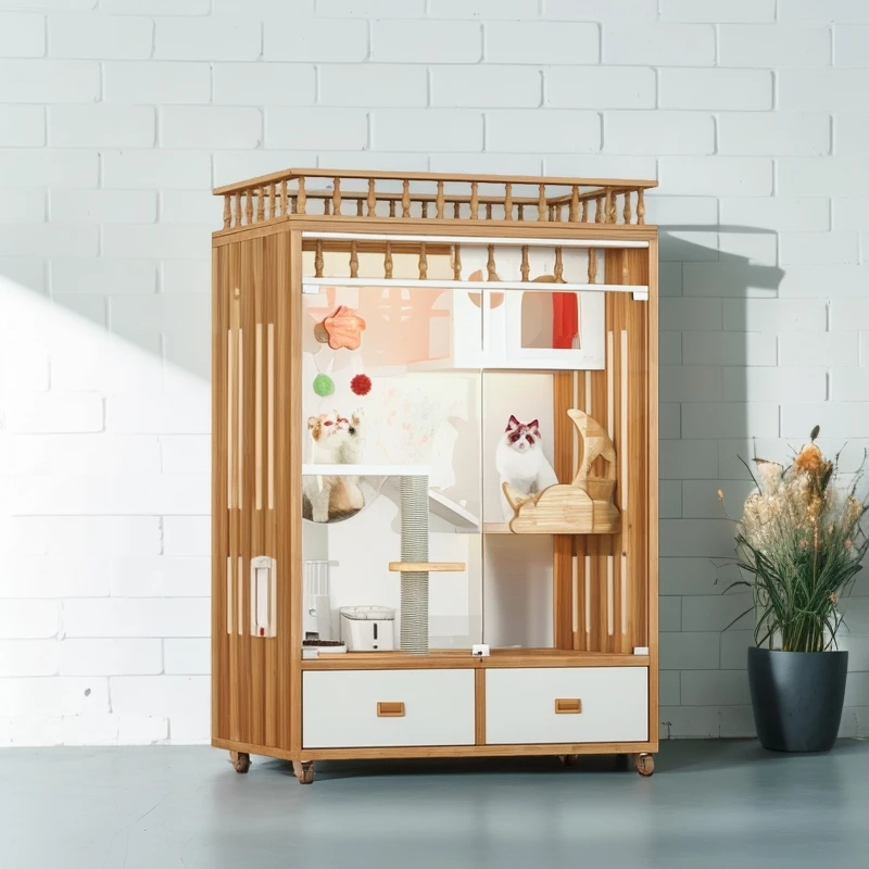 Tempered Glass Wooden Luxury Displaying Multi-functional Cat Villa Pet House Portable Large Indoor Cat Cage 90cm*60cm*135cm