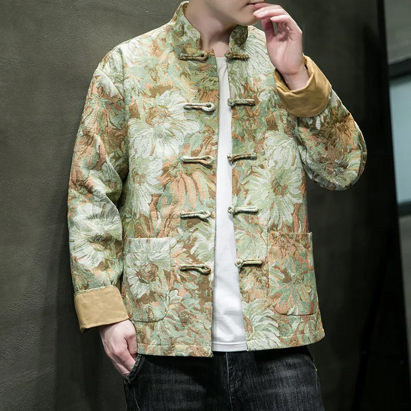 

Casual Men's Stand Collar Jaet Traditional Chinese Sle Reaped Hanfu Spring Autumn Thiened Long Sve Striped Pattern