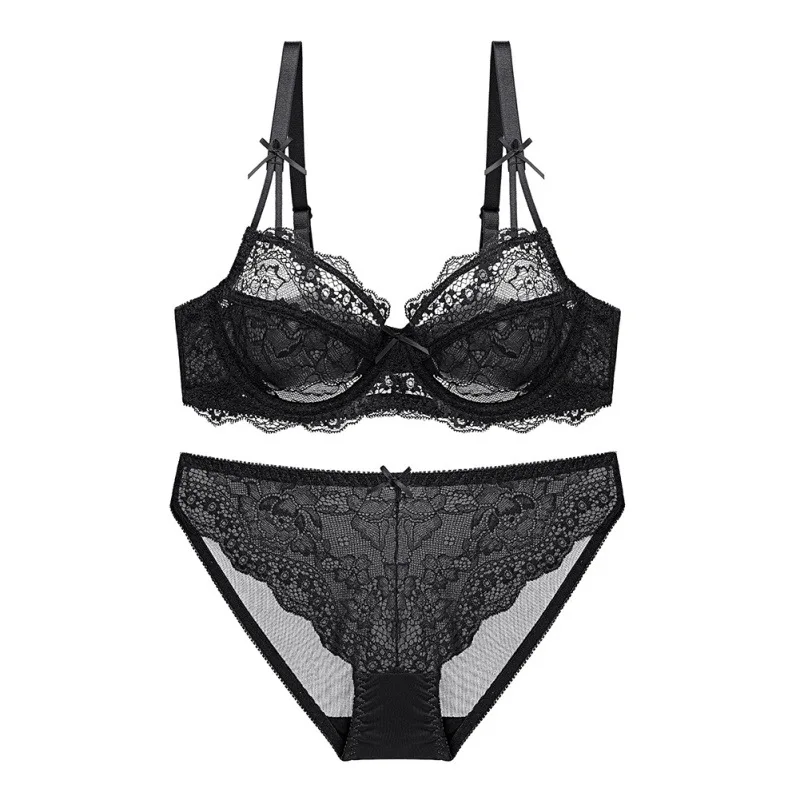 Thin sexy bra set with large chest and small transparent bra for women, thin bra with single-layer lace for girls