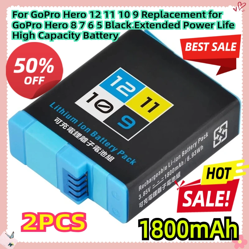 

For GoPro Hero 12 11 10 9 Replacement for GoPro Hero 8 7 6 5 Black Extended Power Life High Capacity 1800mAh Battery