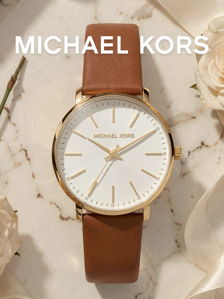 MK2740 Michael Kors Ladies Slim Watch Brown Leather Strap Crystal Hour Markers Minimal White Dial For Daily Commute Wear