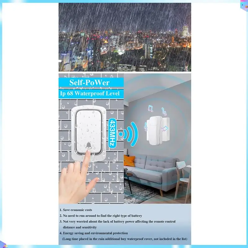 N93R Wireless Doorbell Without Batteries Waterproof Outdoor Kinetic Bell Self-Powered Button EU Plug