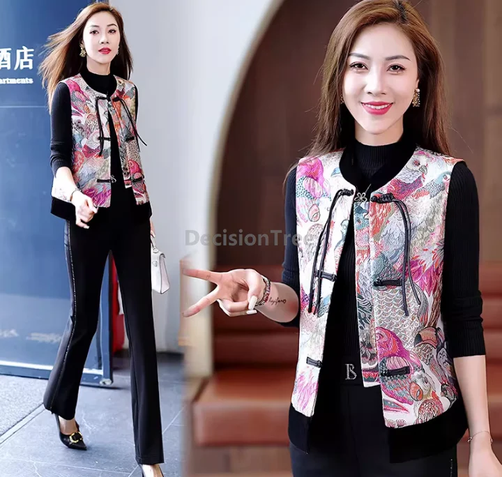 

Chinese style Big size women patchwork vest cheongsam collar buckle lady versatile sleeveless jacquard bird Outerwear vest