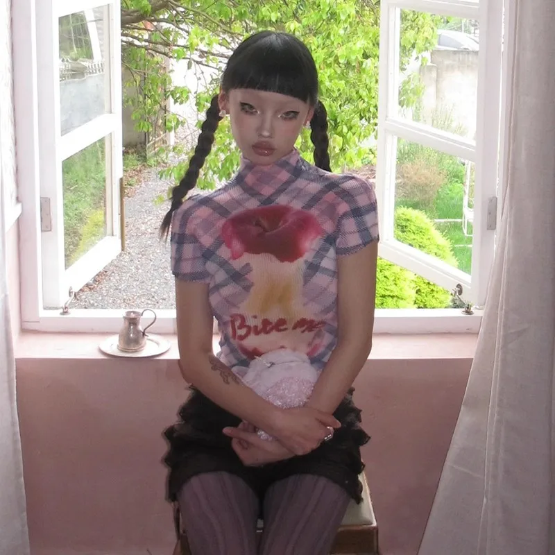 Karrram Japanese Y2k Apple Print T-shirt Trashy 2000s Pleated Short Sleeve T Shirts Vintage Harajuku Crop Top American Retro 90s