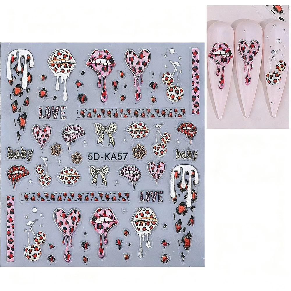 5D البرنز ليوبارد طباعة ملصقات الأظافر الكرز الشفاه تصميم المتزلجون ذاتية اللصق لمسمار الفن زينة عيد الحب مستلزمات الأظافر #6