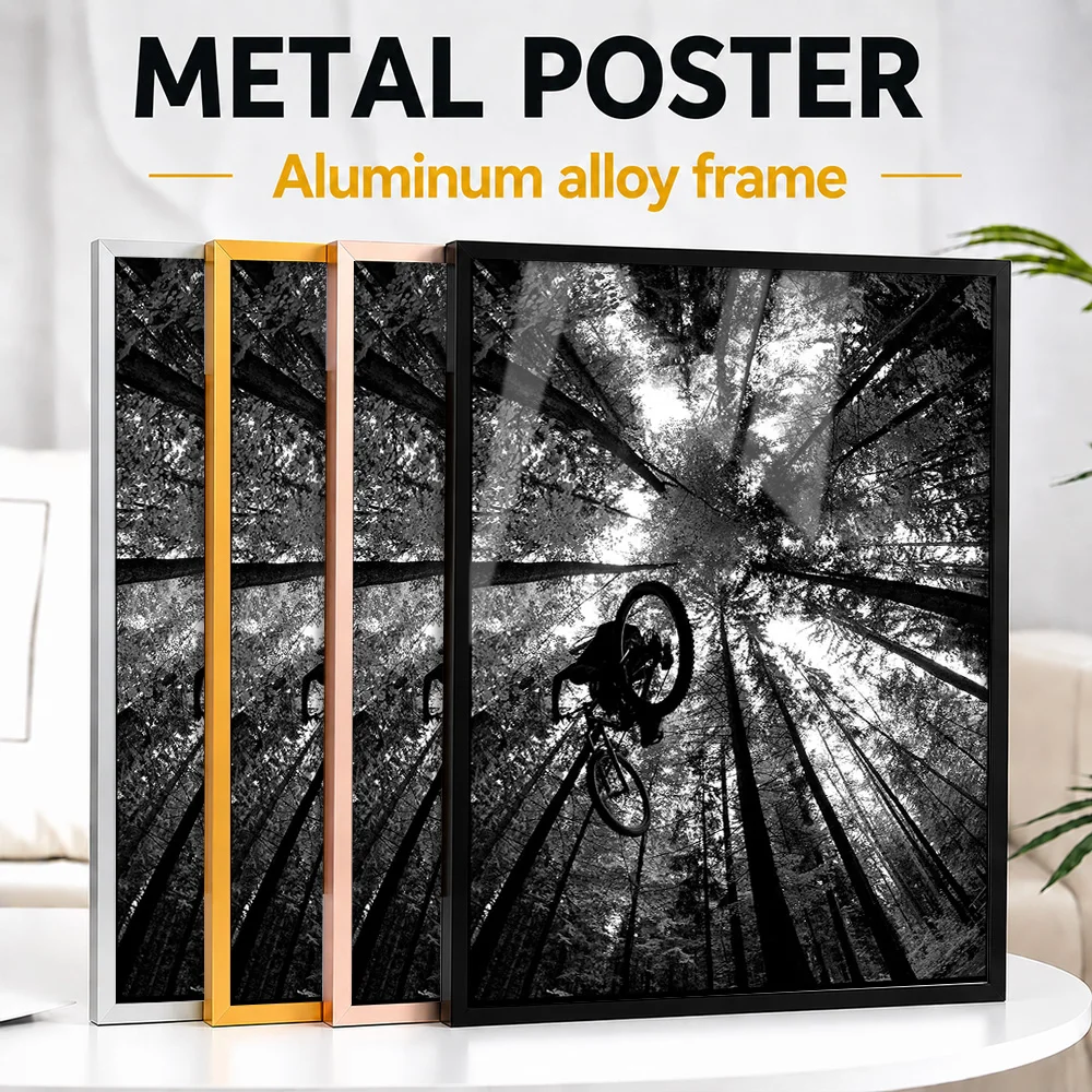 Mountain Biker Beneath Forest Trees Framed Aluminum Metal Poster Personalized Monochrome Wall Art For Bicycle Repair Workshop