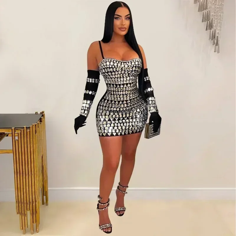 

GUWU Stunning Evening Dresses with Gloves Sparkle Crystal Stone Sexy Party Dress Birthday Outfits Night Out Clubwear Vestidos