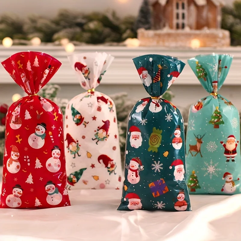 50/100 Stück Staraise Weihnachtsgeschenktüten mit Drehverschluss, Weihnachtsmann, Schneemann, Rentier, Schneeflocke, robustes PP für Urlaubsverpackungen