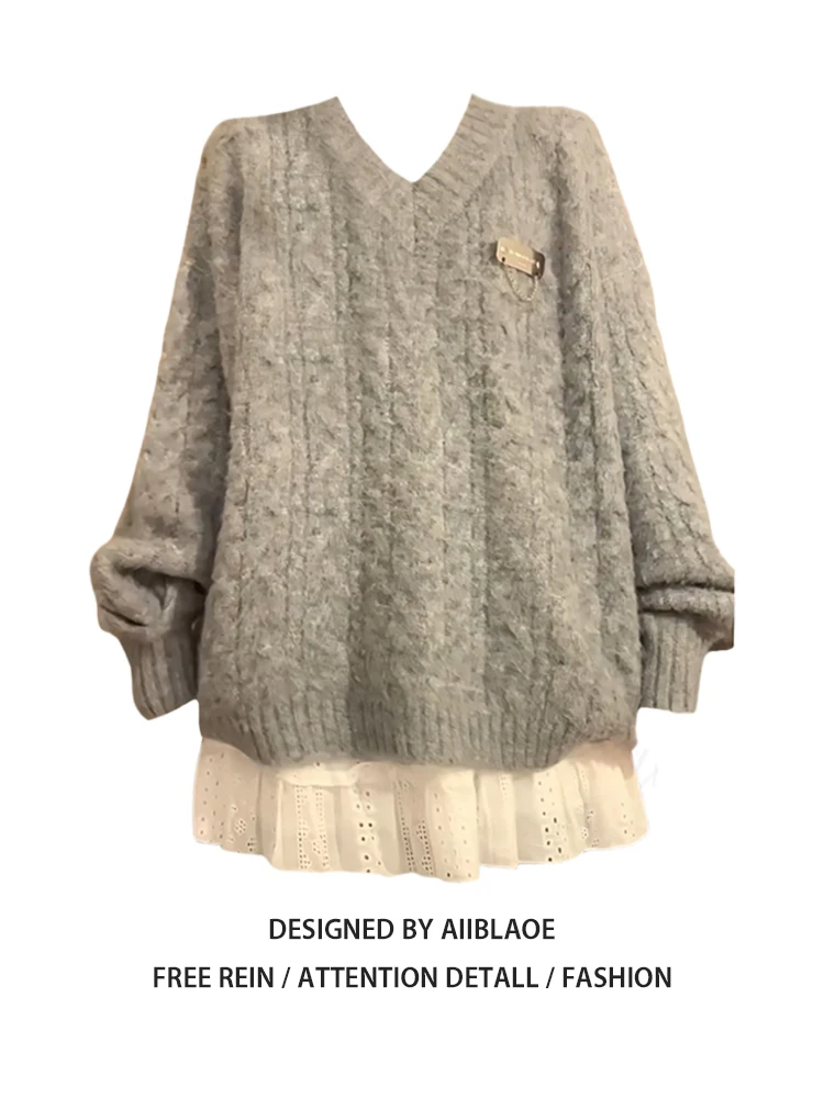 

Женский серый готический пуловер, вязаный свитер Harajuku, корейский джемпер 90-х годов Y2k с длинными рукавами, винтажная одежда 2000-х годов