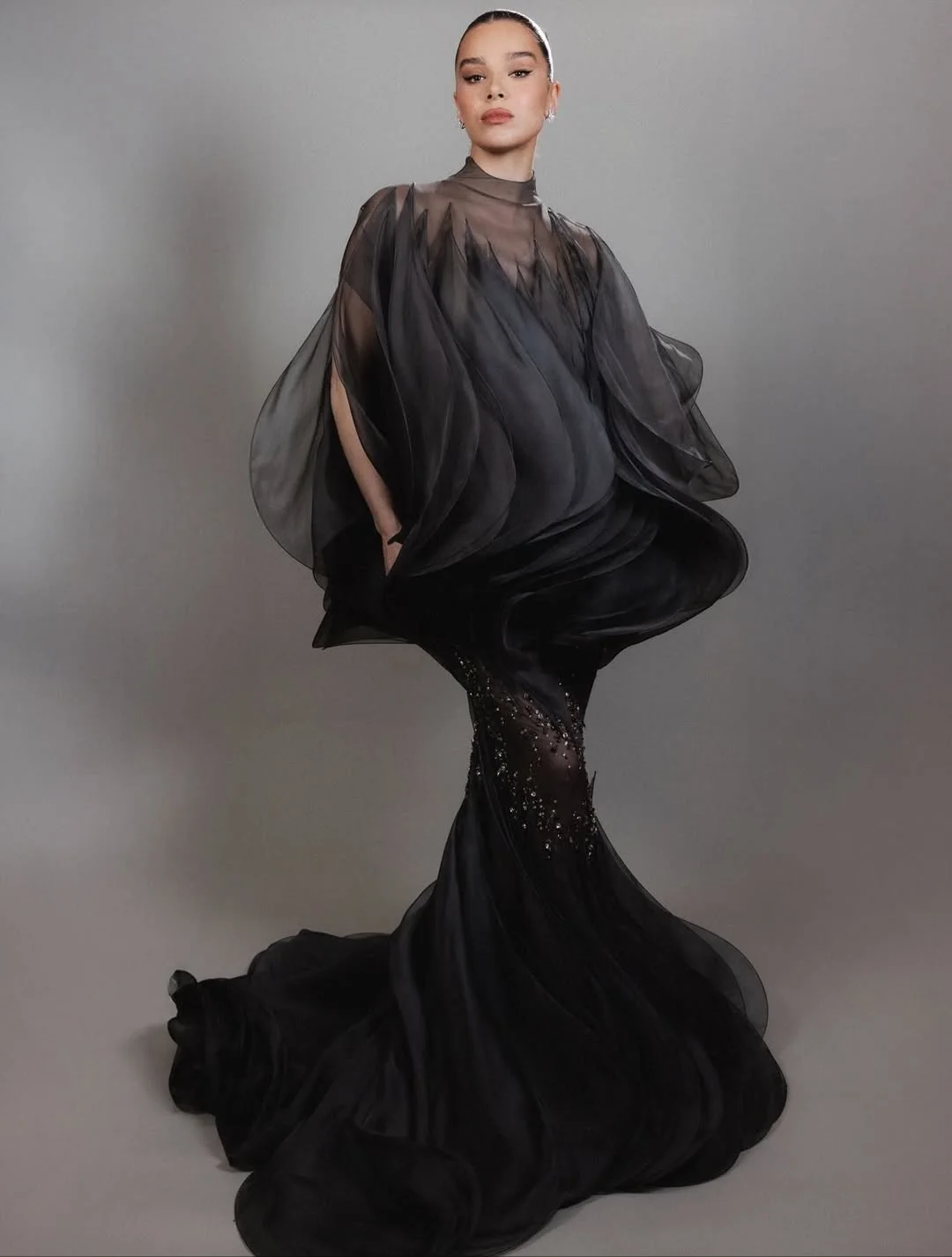 Robe de soirée sirène noire avec perles de cristal, manches chauve-souris à col haut, robe de bal longue en organza transparent, invité de mariage formel
