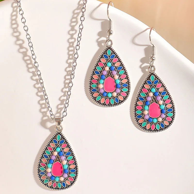 

Bohemian Ethnic Water Drop Earrings Necklaces Set for Women Simple Drop Oil Multicolor Temperament Female Vacation Jewlery