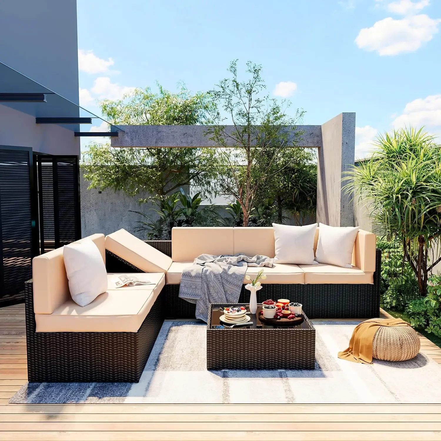 

7 Pieces Outdoor Sectional Furniture Rattan Sectional Sofa Conversation Set with Coffee Table and Washable Couch Cushions Covers