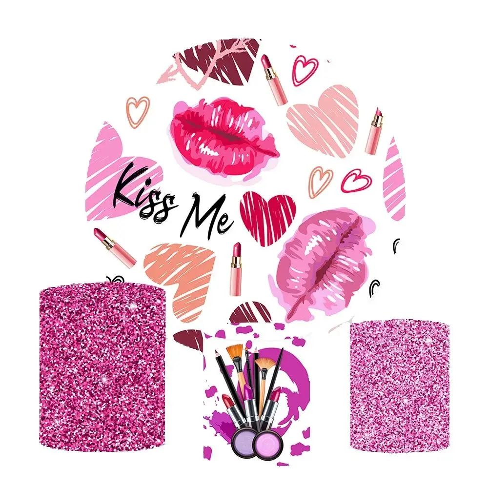 

Spa Makeup Party Decoration Lipsticks Heart Round Backdrop Cover for Girls Birthday Circle Background Kiss Me Banner Photocall