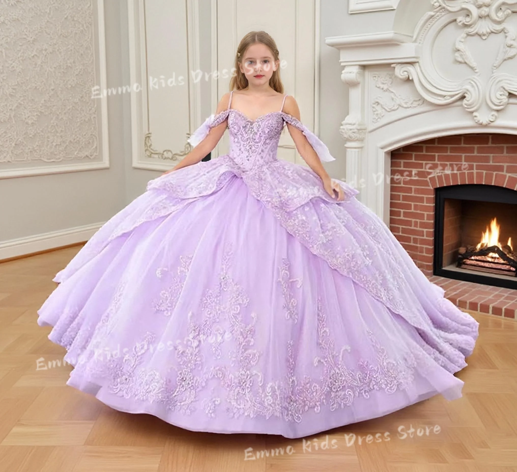 

Custom Lace Applique Flower Girl Dress Wedding with Bow First Communion Off-Shoulder Girl Party Dress