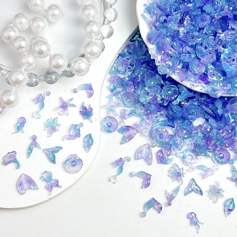 30pcs Sparkling Dreamy Resin Shell Conch Nail Charms Double Color Splicing Starfish Ocean Organism Nail Art Decoration DIY Nails