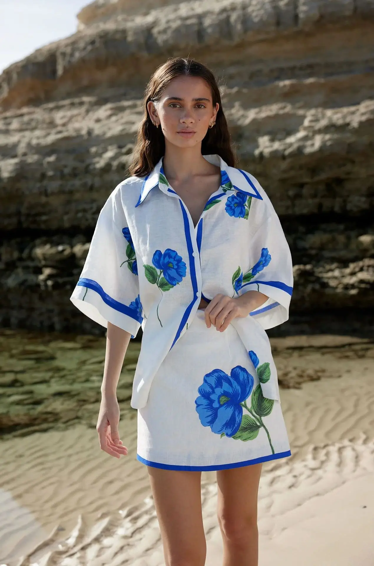 

Casual Linen Two-Piece Set - Printed Mid-Sleeve Shirt & Flared A-Line Skirt (Boho Chic Outfit f 290